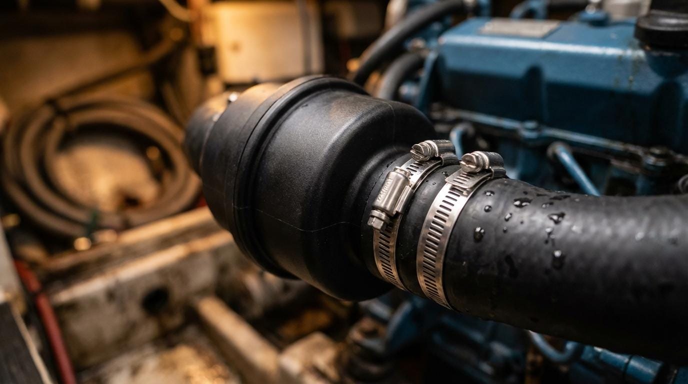 Udstødningsdele til båd (VETUS): vandlåse, lyddæmpere, udstødningsslanger og gennemføringer