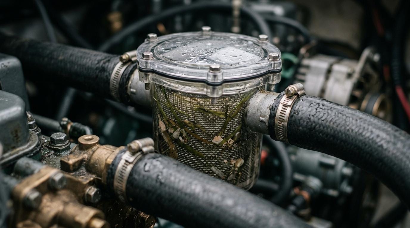 Søvandsfilter (vandstrainer) til bådmotor: sådan vælger du størrelse og undgår overophedning